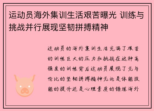运动员海外集训生活艰苦曝光 训练与挑战并行展现坚韧拼搏精神