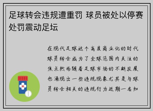 足球转会违规遭重罚 球员被处以停赛处罚震动足坛