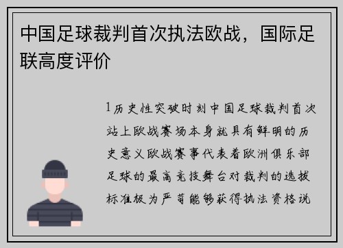 中国足球裁判首次执法欧战，国际足联高度评价