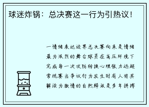 球迷炸锅：总决赛这一行为引热议！